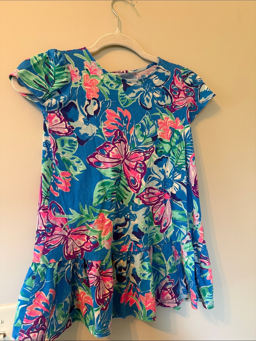 Girls' Blue Tropical Butterfly Ruffle Dress